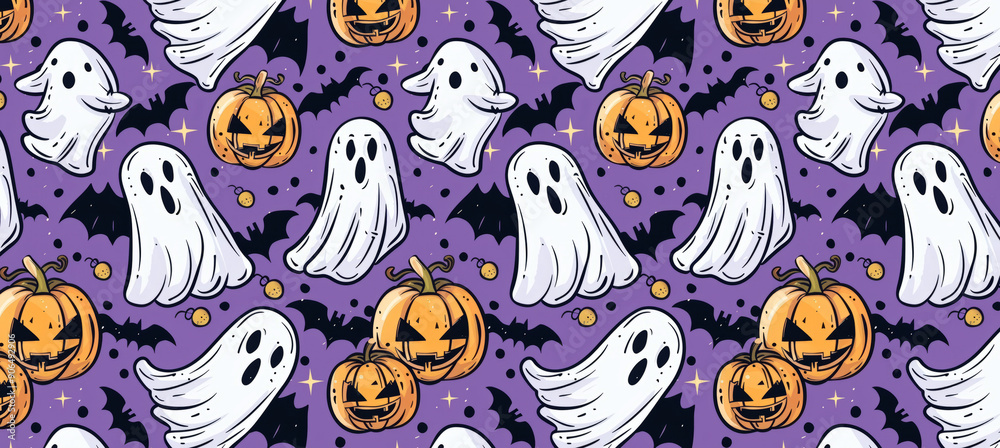 Header illustration pattern of pumpkins, ghosts and bats over colorful background for Halloween theme. Social media template style. Header illustration pattern of pumpkins, ghosts and bats over colorful background for Halloween theme. Social media template style.