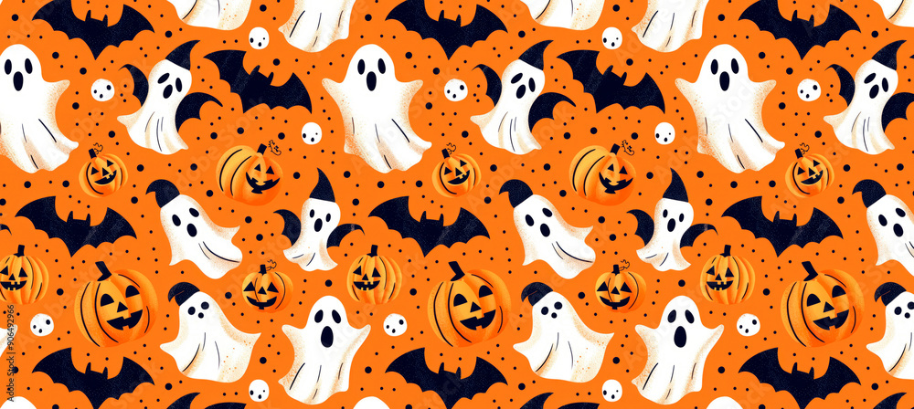 Header illustration pattern of pumpkins, ghosts and bats over colorful background for Halloween theme. Social media template style. Header illustration pattern of pumpkins, ghosts and bats over colorful background for Halloween theme. Social media template style.