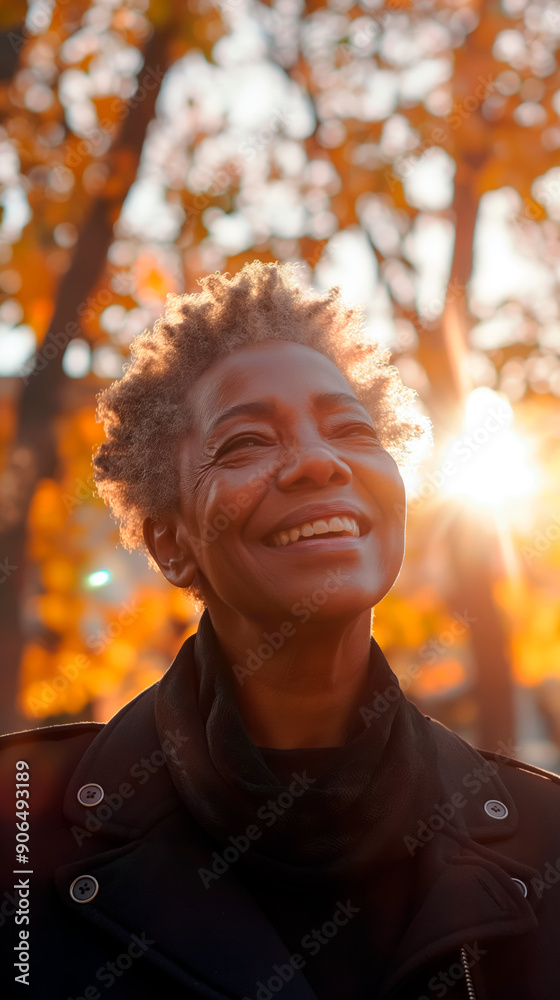 Outdoor portrait of beautiful and happy mature black woman in autumn forest. Outdoor portrait of beautiful and happy mature black woman in autumn forest.