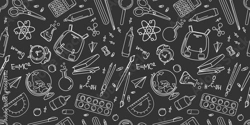 School seamless pattern.Education,concept background.School supplies seamless pattern drawn,imitation of a blackboard.Children's educational concept design wallpaper,paper,textile,packaging,web.Vector