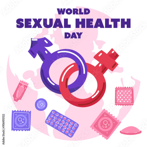 World Sexual Health Day concept background. Square banner. flat illustration with contraceptives and male and female sex symbols in pink and blue on background earth and contraceptives. Sex education