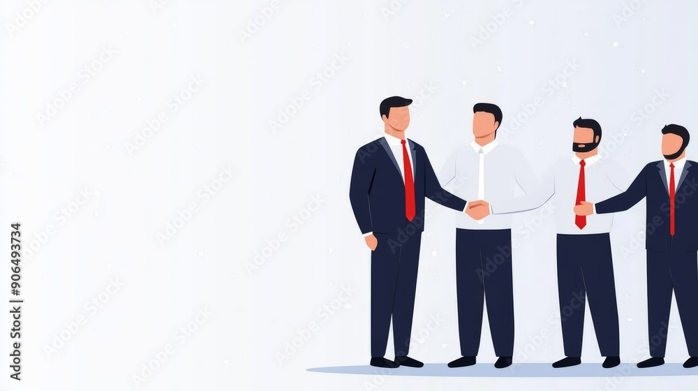 Obraz premium Contemporary leader shaking hands with team, flat design illustration, copy space for text, ultra HD