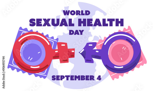World Sexual Health Day concept September 4. horizontal banner. flat illustration with contraceptives and male and female sex symbols in pink and blue on background of condom and earth. Sex education