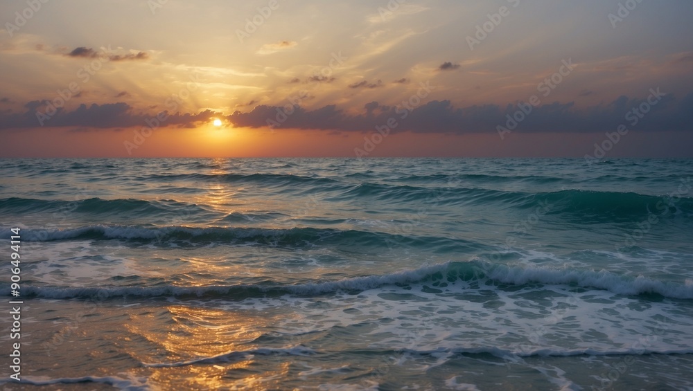 Obraz premium Serene ocean sunset with reflective waves and warm hues.