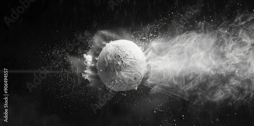 close-up of a volleyball in motion, black and white, copy space, place for text