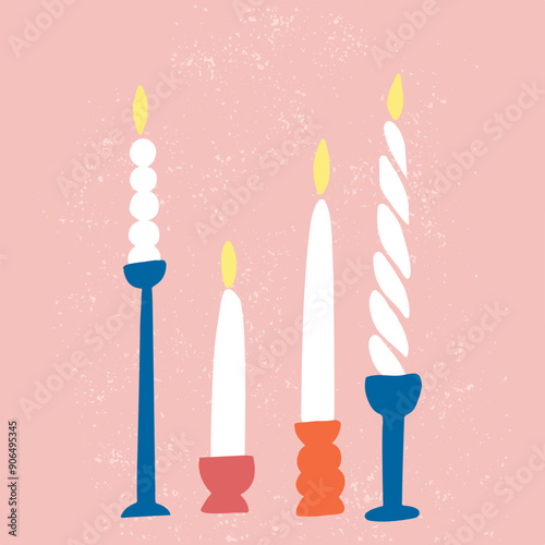 Four candles in modern candlesticks illustration on pastel pink background, vector illustration