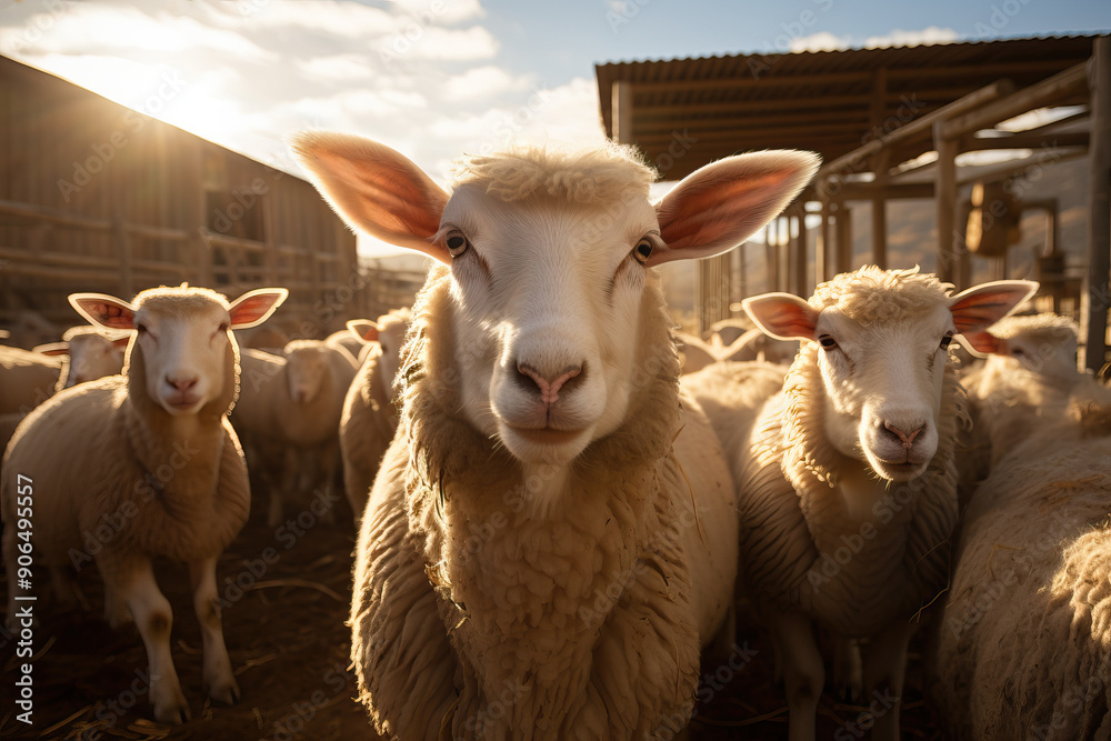 Fototapeta premium A flock of white sheep in a stall.