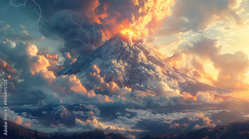 Fototapeta premium Volcano erupts, smoke and dust, lightning flashes in the sky.