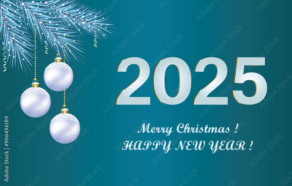 Merry Christmas and Happy New Year 2025 background with silver Christmas tree balls on fir branches for decoration poster, greeting card, banners. 3D vector illustration. Merry Christmas and Happy New Year 2025 background with silver Christmas tree balls on fir branches for decoration poster, greeting card, banners. 3D vector illustration.