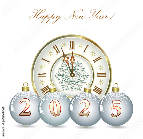 2025 Merry Christmas and Happy New Year. Greeting card with clock, Christmas tree balls for winter holidays. Vector illustration