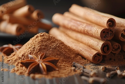 Fototapeta Naklejka Na Ścianę i Meble -  Assorted Aromatic Spices - Cinnamon Sticks, Star Anise, Cloves, and Ground Cinnamon