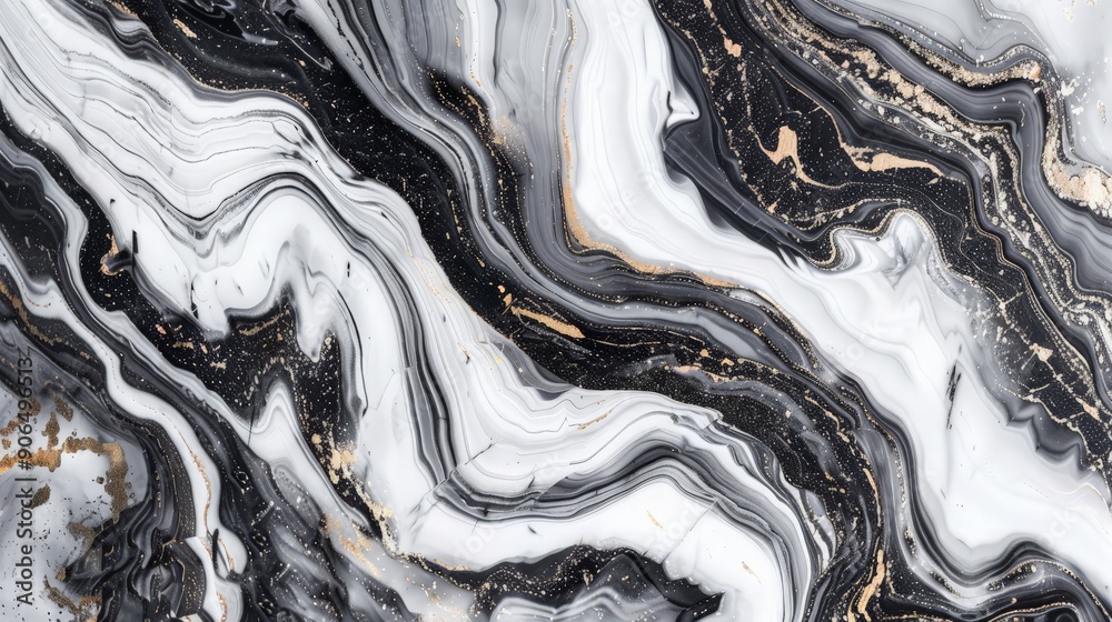 Abstract black and white swirling marble with gold accents. Abstract black and white swirling marble with gold accents.