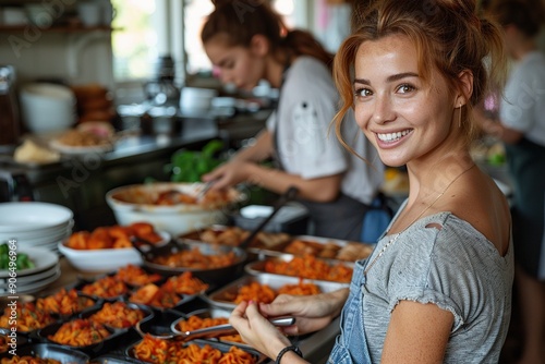 girls working in a restaurant kitchen, preparing tomato pasta dishes to take away.
