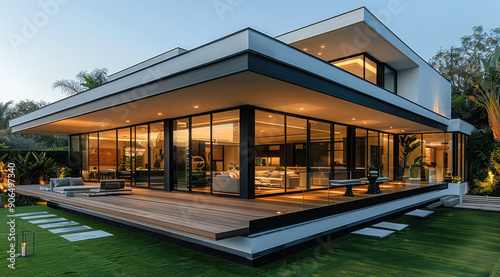 Wallpaper Mural A sleek, modern house with large glass windows and an open-plan interior design, showcasing the expansive wooden deck and lush green lawn of its backyard. minimalist furniture on outdoor terraces. Torontodigital.ca