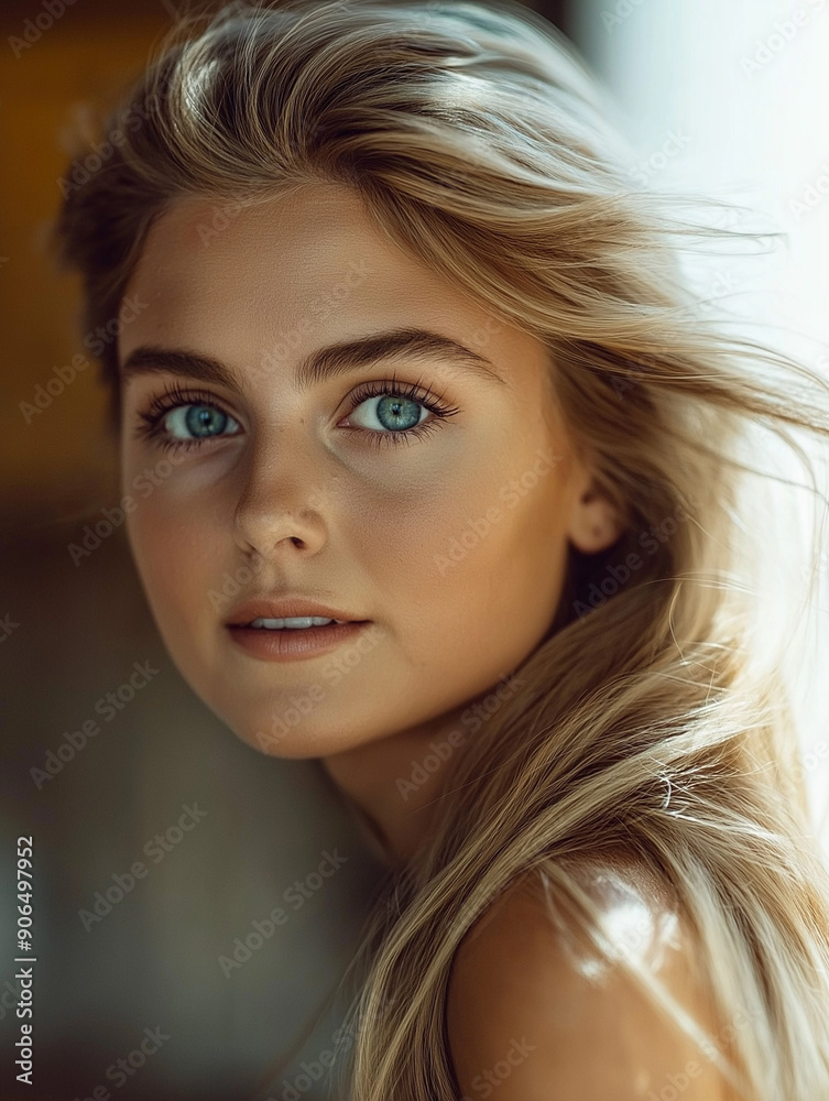 Fototapeta premium Close-up portrait of a stunning woman in her mid-20s. Long, sun-kissed blonde hair cascades down her shoulders. Sparkling blue eyes and a smattering of freckles across her nose add a touch of natural 