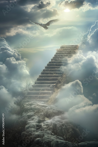 Stairway to heaven. White cloudy stairs leading to heaven, white clouds, bright creative background. Concept: Symbol of success, blessing, dreaming, religious perception of death, life after death.