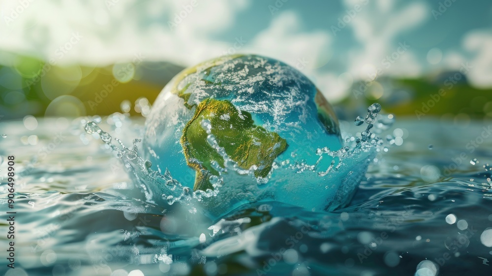 Earth Globe Splashing in Water with a Bokeh Background