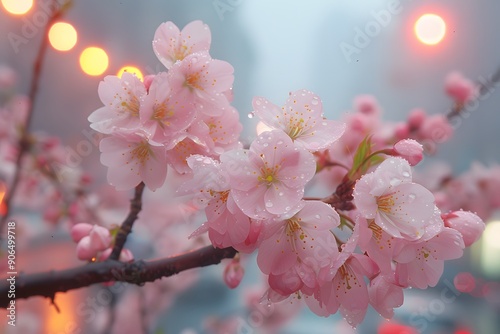 Cherry Blossoms in Misty Urban Setting