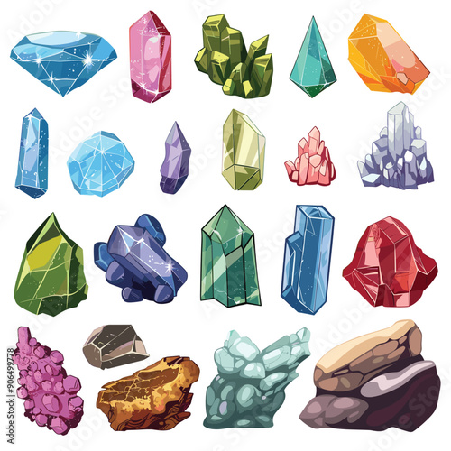 Collection colorful gemstones crystals various shapes sizes. Illustration precious stones jewelry design geology education. Bright glossy mineral crystals isolated white background
