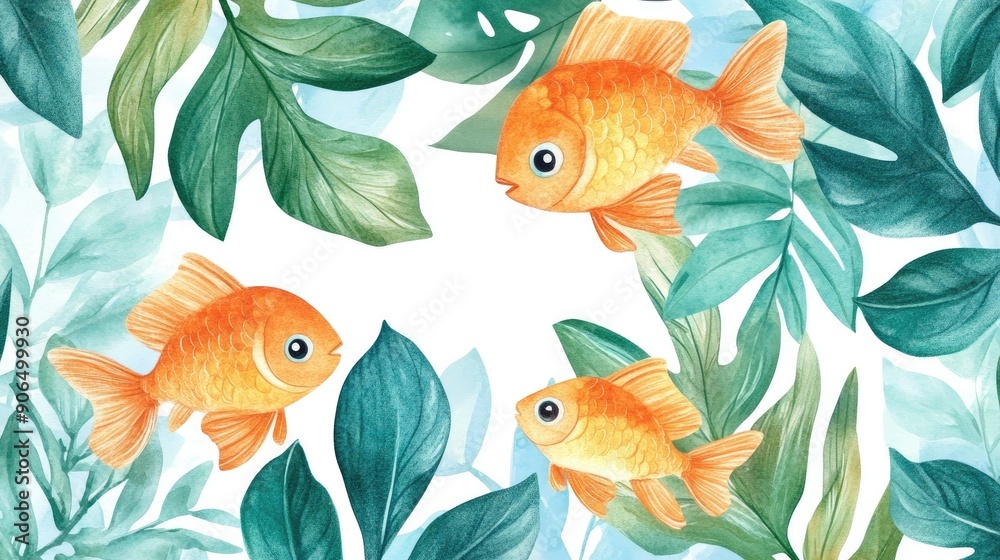 Naklejka premium Cute watercolor baby fish swimming among tropical leaves