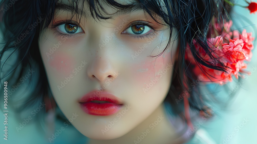 A Japanese idol girl with black hair and bangs is looking at the camera. She is wing a white dress with a red flower on her and has pink blush on her face with blue eyes A Japanese idol girl with black hair and bangs is looking at the camera. She is wing a white dress with a red flower on her and has pink blush on her face with blue eyes