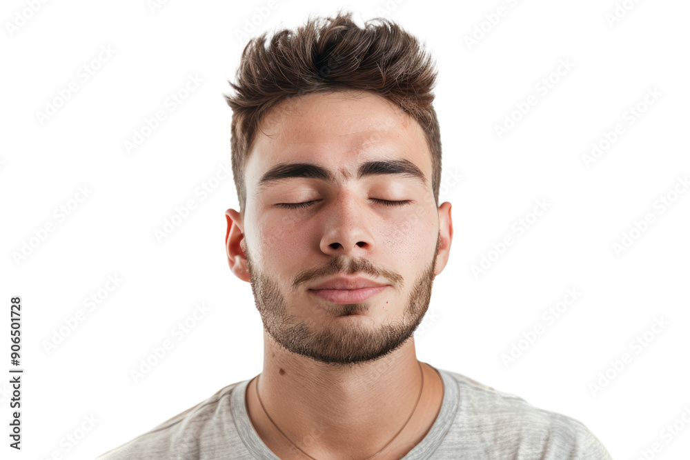 man with eyes closed and a serene expression, depicting mental escape or meditation, on white. man with eyes closed and a serene expression, depicting mental escape or meditation, on white.