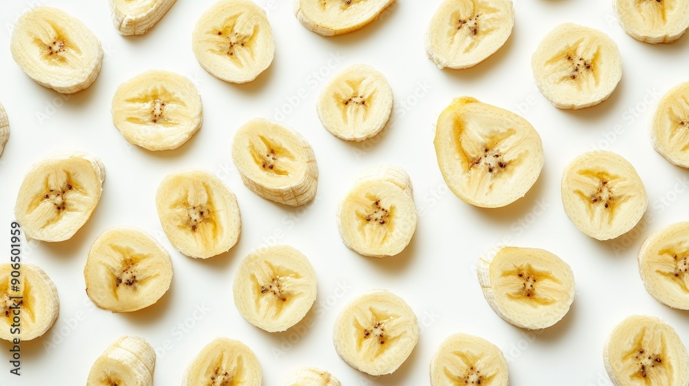 Freshly cut banana slices scattered on white background, full depth of field Freshly cut banana slices scattered on white background, full depth of field
