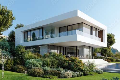 Lujosa Villa Mediterranea de dos plantas de lineas rectas, de color blanco, con balcones, porche, piscina y jardin
