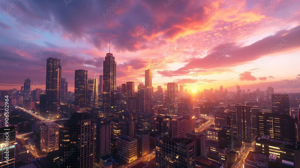 Fototapeta premium Beautiful large city skyline at sunset