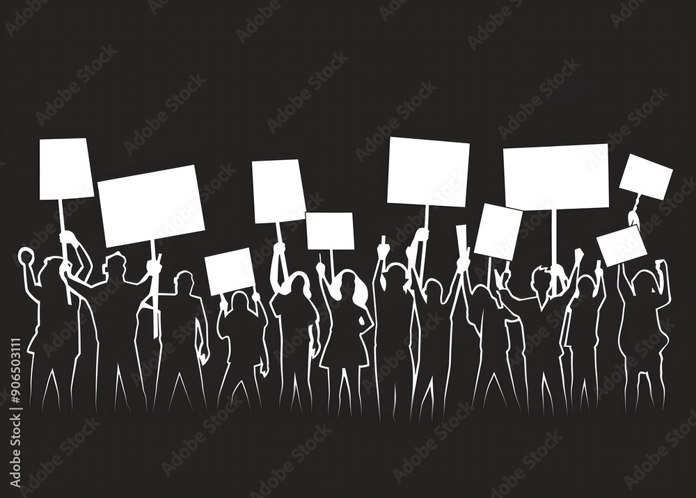 A crowd of protesters with banners demonstration people vector silhouette on black background design A crowd of protesters with banners demonstration people vector silhouette on black background design