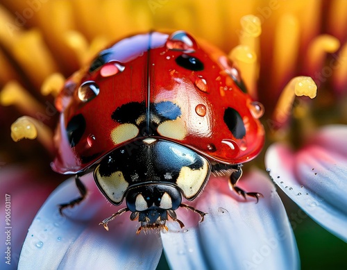 Macro photography of a ladybug standing on a purple flower petal. The ladybug and the flower are covered in tiny water drops photo