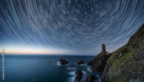 The famous Botallack Mines situated on the cliffs in South West Cornwall. 1 Hour star trails starting from 1 hour after sunset. photo