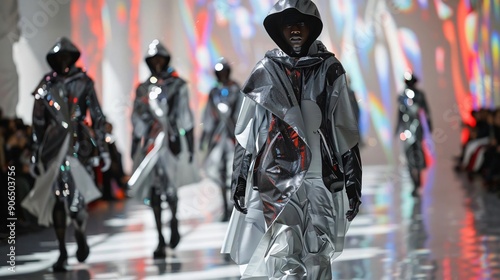 Models showcase cutting-edge fashion on the runway, featuring metallic outfits and striking visual effects in a modern setting. photo