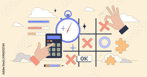 Mathematics games for fun math learning tiny person neubrutalism concept. Fun brain activity with problem solving challenge and intelligent game vector illustration. Logic tasks and algebra exercises