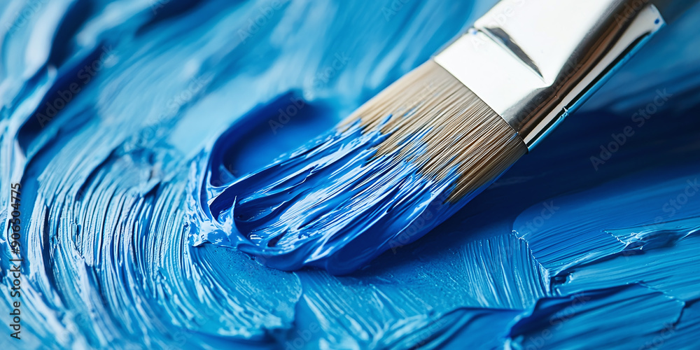 Close up of a paint brush painting in blue: Detailed shot of a brush applying blue paint Close up of a paint brush painting in blue: Detailed shot of a brush applying blue paint