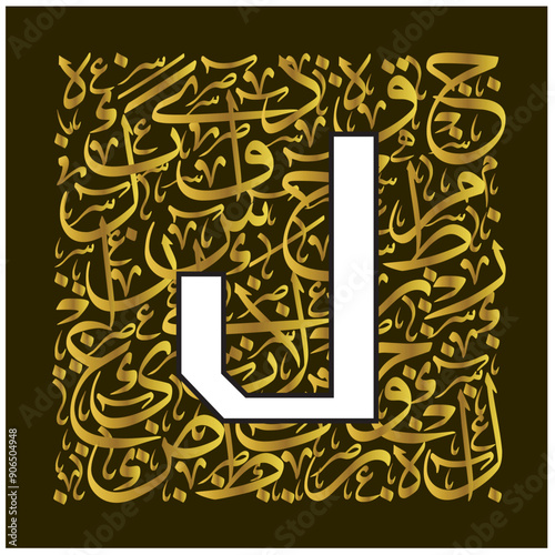 Arabic Calligraphy Alphabet letters or Stylized kufi font style, golden Islamic calligraphy elements thuluth  background, for all kinds of design use.