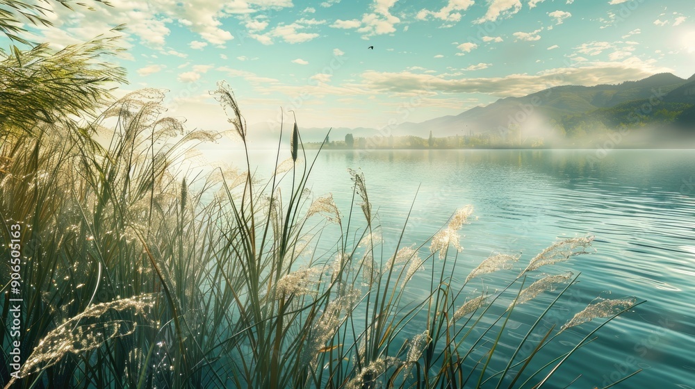 Wind blown reeds by a sparkling lake offer serene natural beauty for relaxing vacation by the coast Wind blown reeds by a sparkling lake offer serene natural beauty for relaxing vacation by the coast