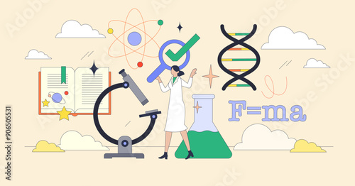 Woman in science doing innovative research tiny person neubrutalism concept. Female scientist or doctor as professional chemistry, physics or biology specialist vector illustration. Experimental test
