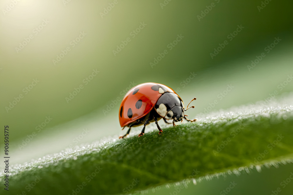 A stunning macro photograph of a tiny ladybug fairy perched on a leaf, with ample empty space, The softly blurred background enhances the subject, creating a balanced, minimalist composition. A stunning macro photograph of a tiny ladybug fairy perched on a leaf, with ample empty space, The softly blurred background enhances the subject, creating a balanced, minimalist composition.