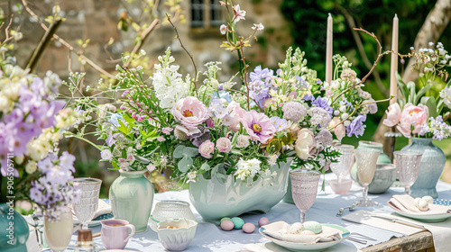 Easter tablescape decoration, floral holiday table decor for family celebration, spring flowers, Easter eggs, Easter bunny and vintage dinnerware, English country and home styling