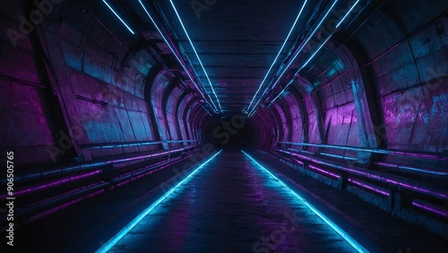 Modern cyber tunnel with neon lasers, purple and blue glow, grunge concrete stage