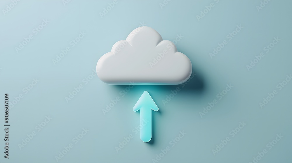 3D cloud icon with arrow representing cloud computing and data upload on a blue background, symbolizing modern technology and internet storage. 3D cloud icon with arrow representing cloud computing and data upload on a blue background, symbolizing modern technology and internet storage.