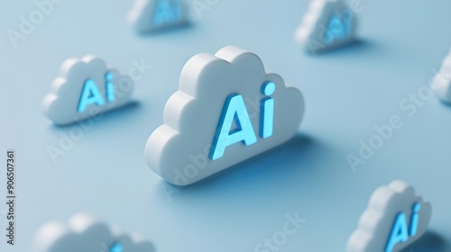 3D cloud icons with 'AI' text on a light blue background. Symbolizes artificial intelligence, technology, and cloud computing.