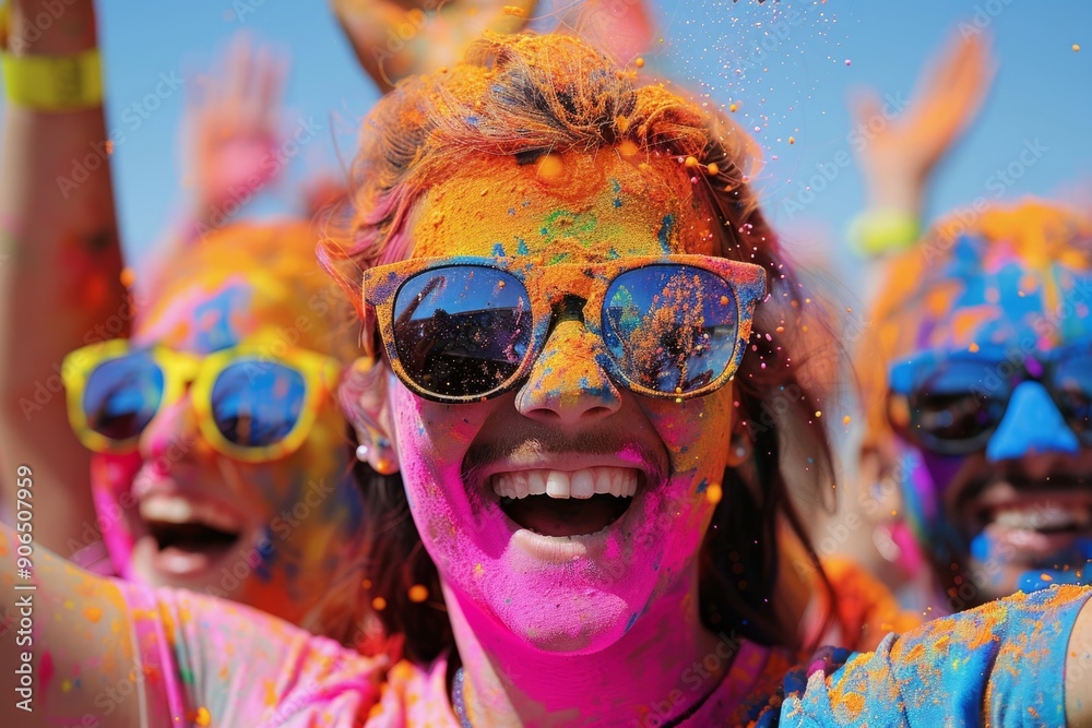 friends smiling and covered with colored powder at holi festival friends smiling and covered with colored powder at holi festival