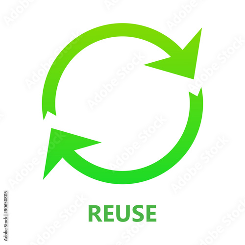 Reuse. Green circular arrows, usage, clean environment, pollution, save the planet, ecology, nature, zero waste, reduce, recycle, eco, biodegradable materials, natural, organic, microplastics. Vector