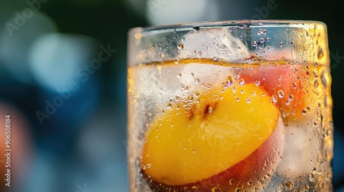 Refreshing peach ice water with condensation on the glass