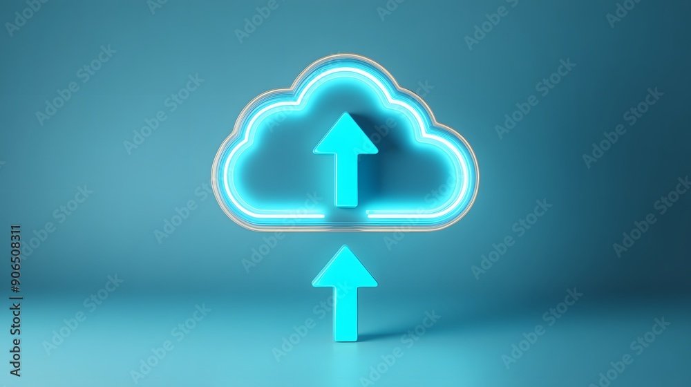 3D illustration of a cloud icon with upload and download arrows representing cloud storage and data transfer technology on blue background. 3D illustration of a cloud icon with upload and download arrows representing cloud storage and data transfer technology on blue background.