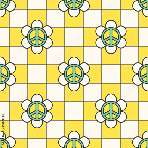 White and yellow pacific hippie flowers on checkered background. Vector seamless pattern.