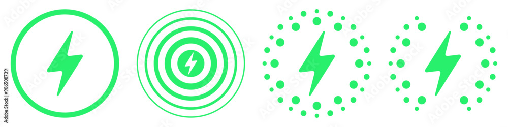 Charging sign. Circles, dots around lightning. Electricity, green energy, eco friendly, ecology, rechargeable, power supply, battery accumulator, electric car station, fast charge, clean environment Charging sign. Circles, dots around lightning. Electricity, green energy, eco friendly, ecology, rechargeable, power supply, battery accumulator, electric car station, fast charge, clean environment