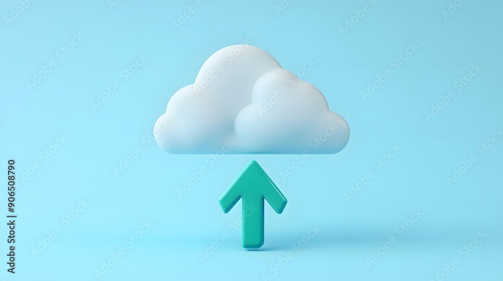 3D illustration of a green arrow pointing up towards a white cloud on a light blue background, symbolizing cloud computing and data upload. 3D illustration of a green arrow pointing up towards a white cloud on a light blue background, symbolizing cloud computing and data upload.